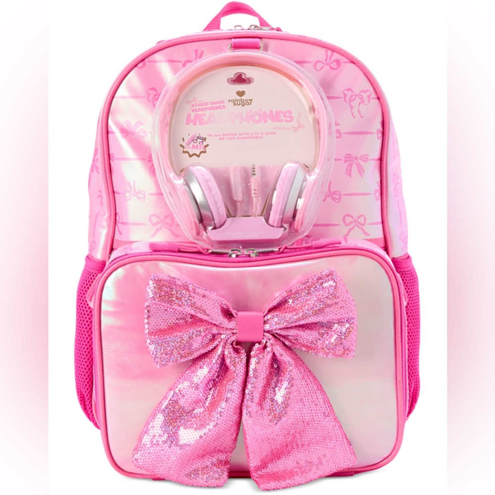 Rainbow Sugar Sparkly Pink Kids Backpack with Headphones and Insulated Lunch Bag